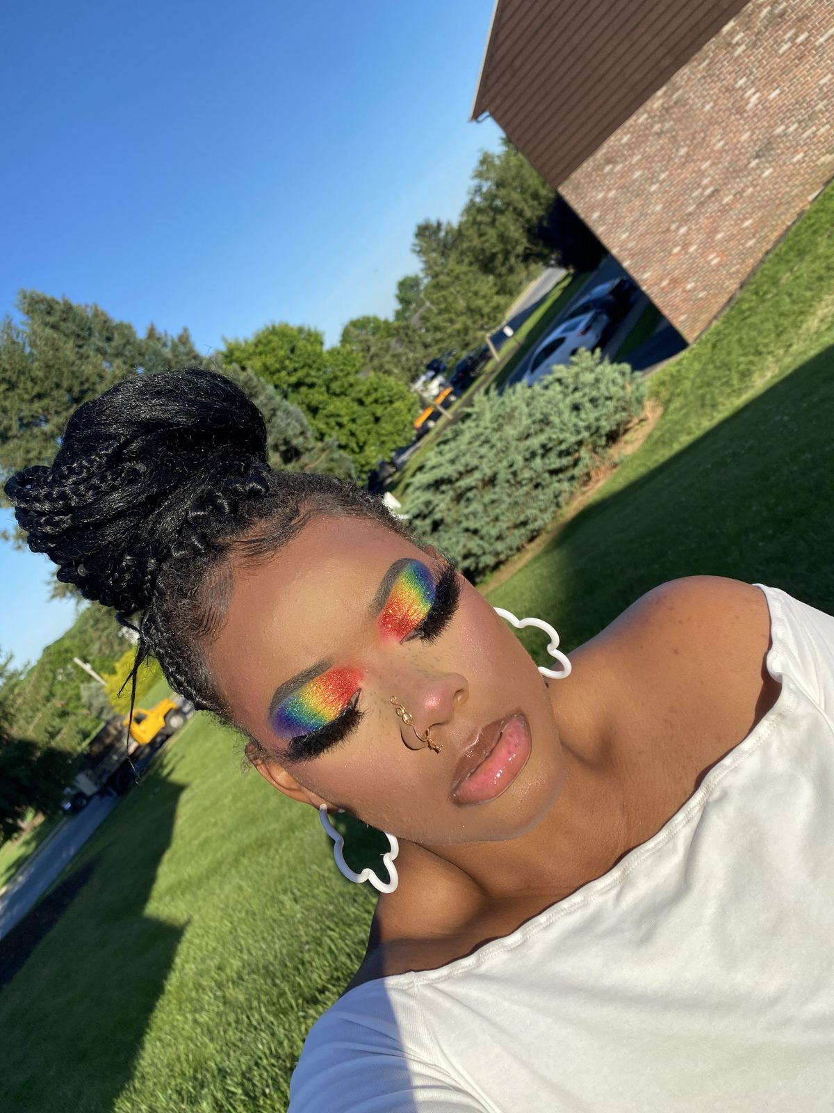 Rainbow glitter eyeshadow outdoors