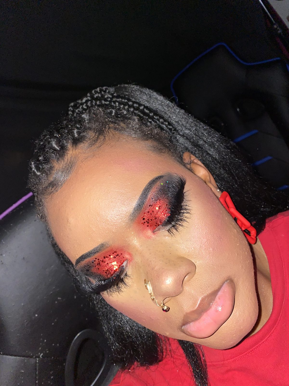 Red glitter eyeshadow close up